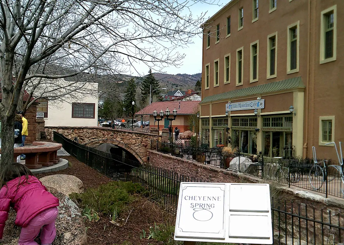 The side of the Spa, with bridge over Fountain Creek